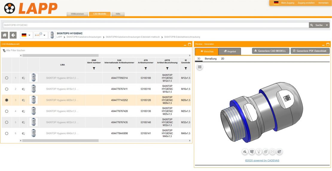 Screenshot: SKINTOP® HYGIENIC im CAD-Produktkatalog von CADENA