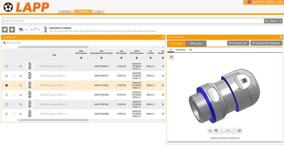 Screenshot: SKINTOP® HYGIENIC in the CADENAS CAD product catalogue