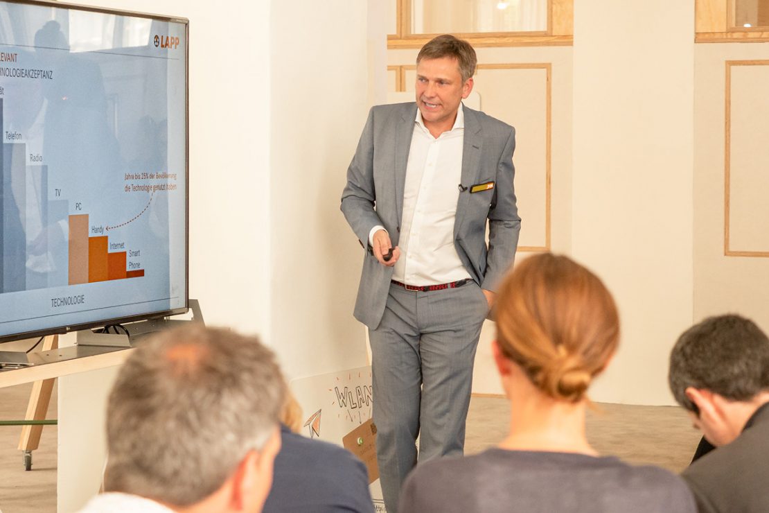 On the picture you can see Georg Stawowy, Member of the Board for Innovation and Technology at Lapp Holding AG, giving a presentation at the 20th LAPP trade press days in Berlin.