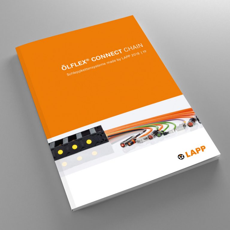 Eine Broschüre wird gezeigt: LAPP-Katalog ÖLFLEX® CONNECT CHAIN