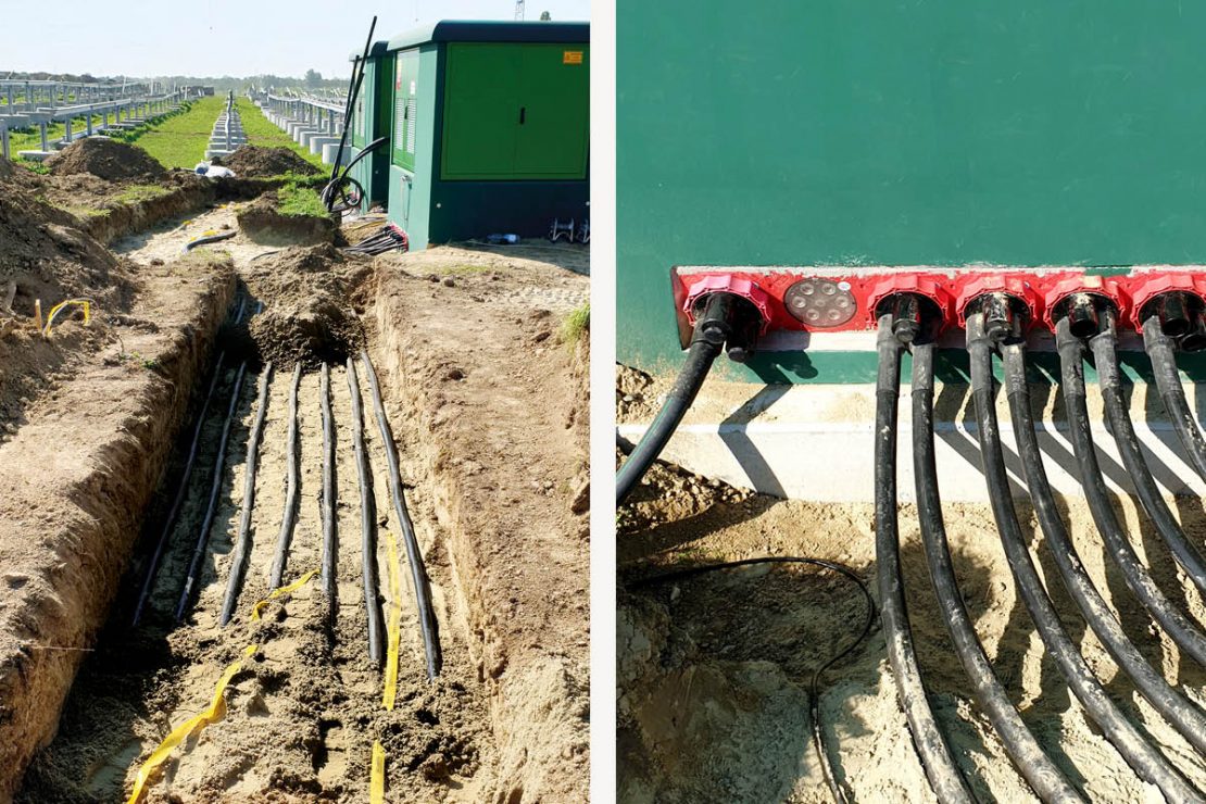 Auf dem Bild sieht man verlegte Kabel zum Transformator der Photovoltaik-Freiflächenanlage Österreichs in Schönkirchen-Reyersdorf.