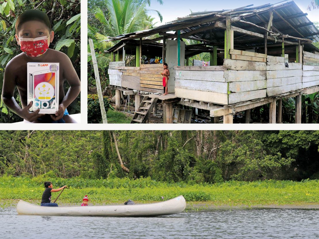 Auf dem Bild sieht man Kinder und Helfer der Hilfsaktion von Lapp Panamá für virtueller Unterricht für Dschungel-Kinder.