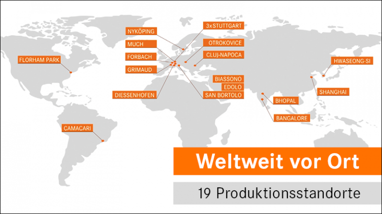 Das Bild zeigt eine Illustration einer Weltkarte mit den 19 Produktionsstandorten von LAPP.
