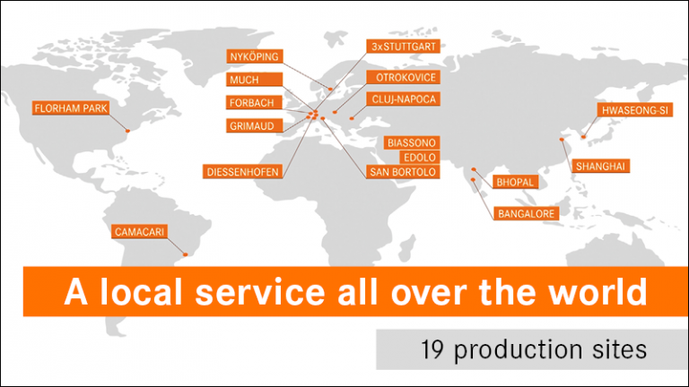 The picture shows an illustration of a world map with the 19 production sites of LAPP.