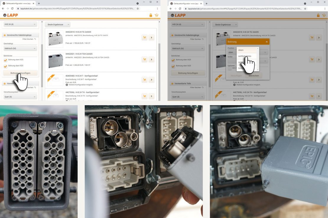 The picture shows screenshots of the LAPP housing configurator and the configured EPIC® connectors.