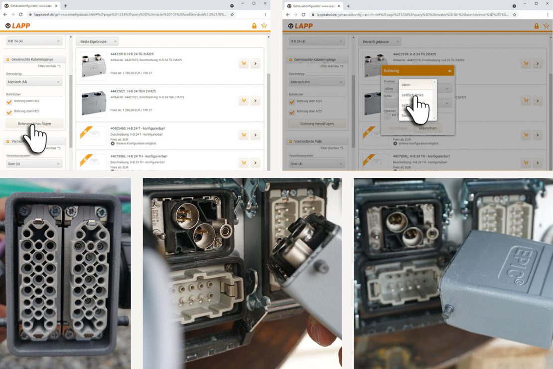 Auf dem Bild sieht man Screenshots vom LAPP Gehäusekonfigurator sowie von den konfigurierten EPIC® Steckverbindern.