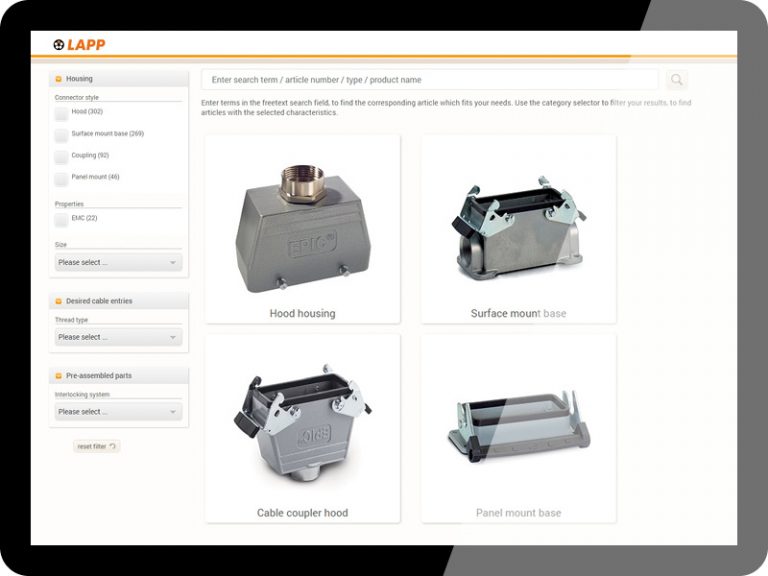 The picture shows a tablet with the EPIC® housing configurator in the browser.