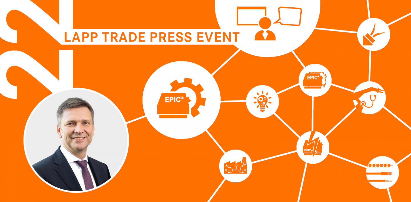 The picture shows an introductory picture for the 22nd LAPP trade press event with the photo of the speaker and topic-specific icons.