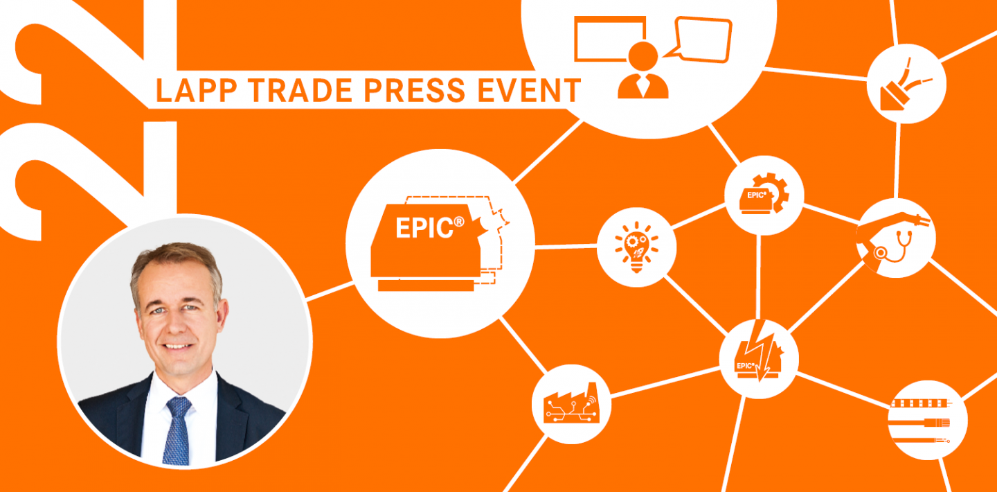 The picture shows an introductory picture for the 22nd LAPP trade press event with the photo of the speaker and topic-specific icons.