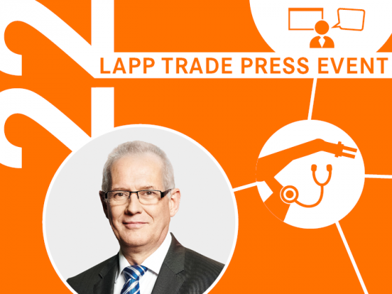 The picture shows an introductory picture for the 22nd LAPP trade press event with the photo of the speaker and topic-specific icons.
