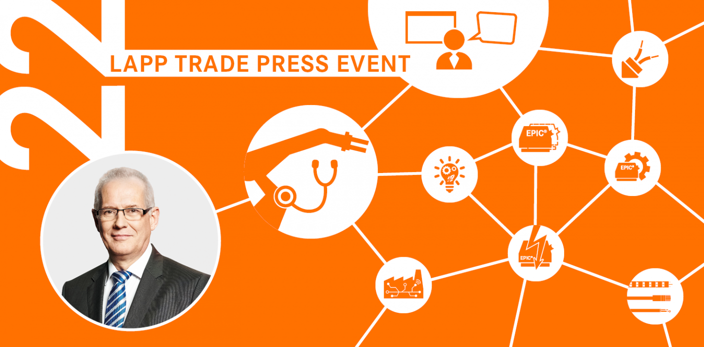 The picture shows an introductory picture for the 22nd LAPP trade press event with the photo of the speaker and topic-specific icons.
