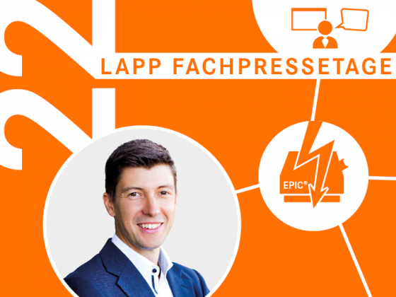 Das Bild zeigt ein Einstiegsbild für die 22. LAPP Fachpressetage mit dem Foto des Referenten und themenspezifischen Icons.