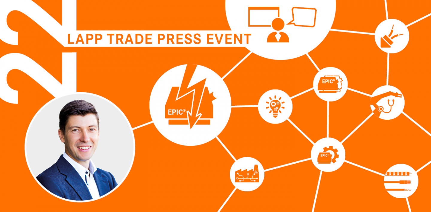 The picture shows an introductory picture for the 22nd LAPP trade press event with the photo of the speaker and topic-specific icons.