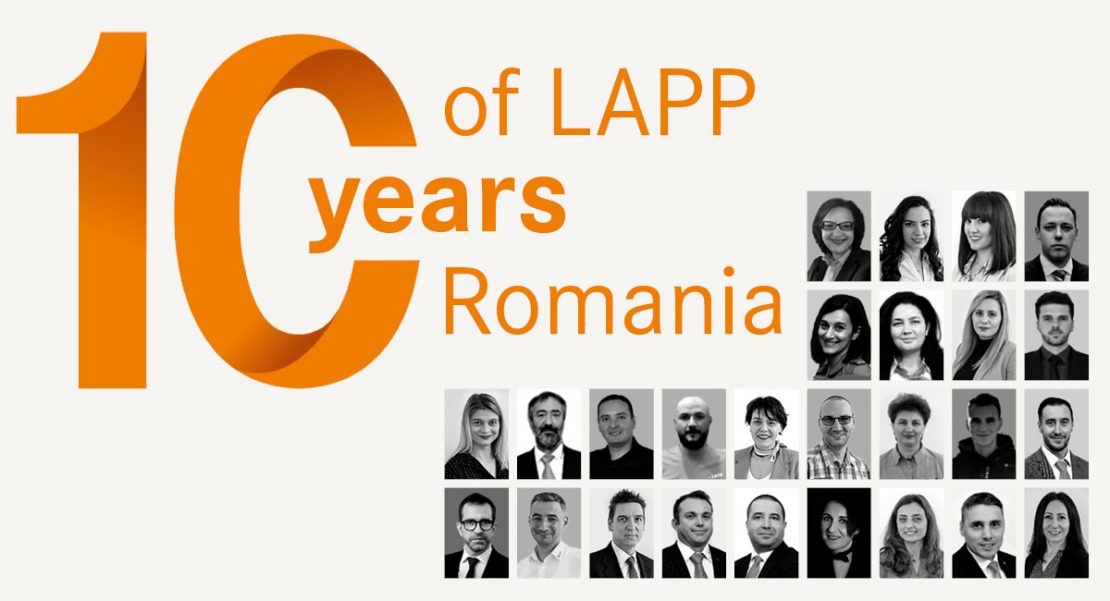 Das Bild zeigt einen Grafik zu „10 years of LAPP Romania“ sowie 26 Portraits der Mitarbeiter/innen des Teams LAPP Romänien