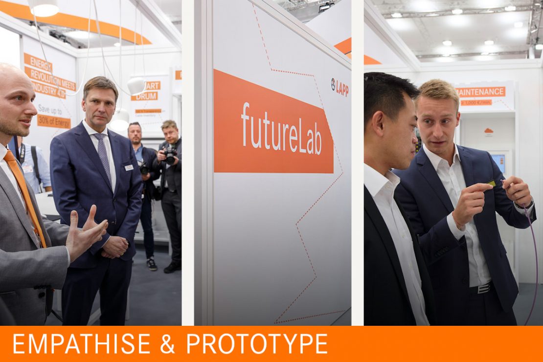 The picture shows pictures of the trade fair with LAPP employees and customers in conversation in the futureLab.