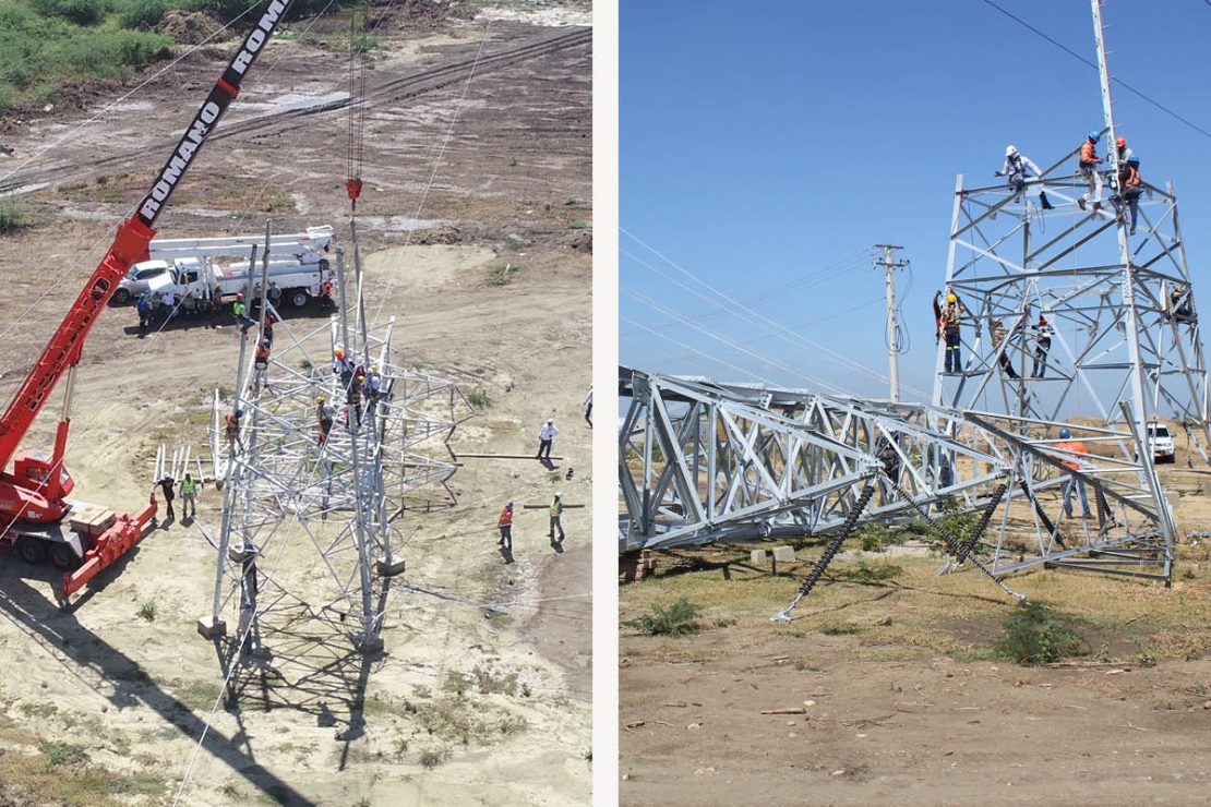 The picture shows the structure of a power pole in two different sections.