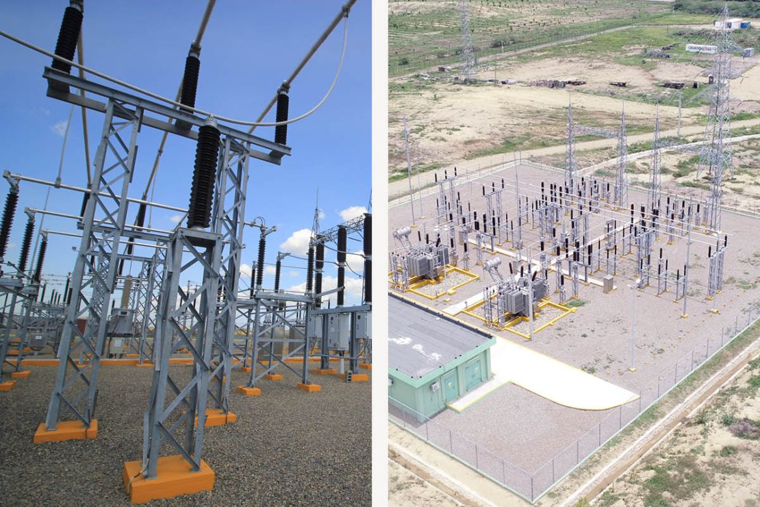 Das Bild zeigt in zwei verschiedenen Ausschnitten die Strommasten des Solarparks Montecristi in der Dominikanischen Republik.